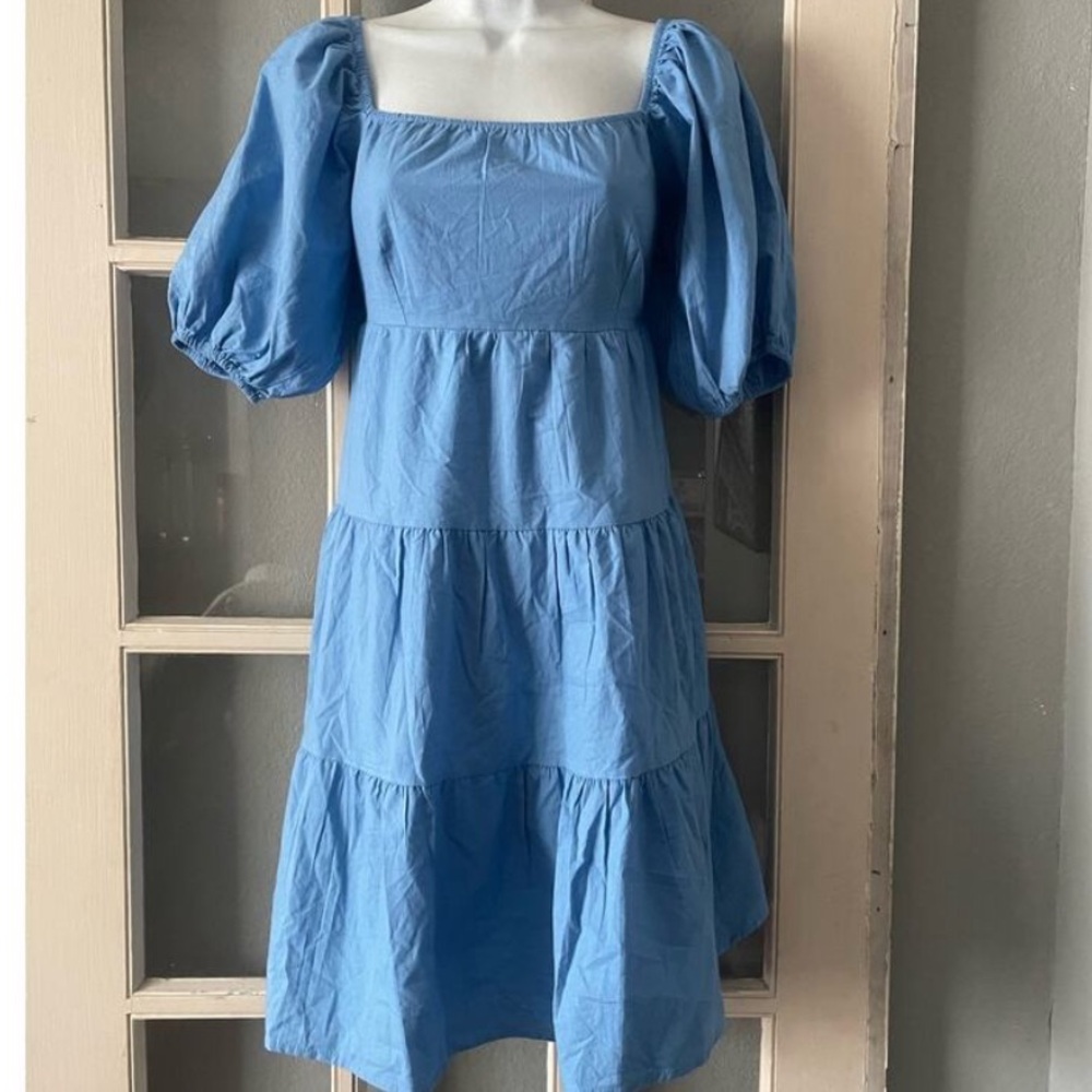 Elegant Blue Puff Sleeve Dress